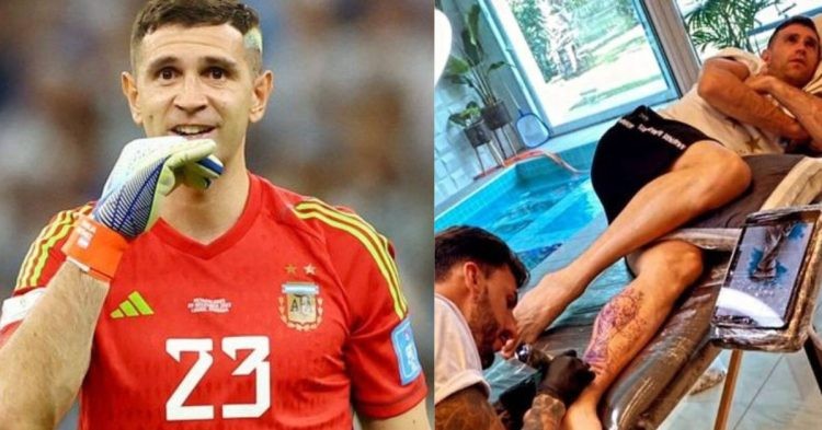 Emi Martinez gets the World Cup trophy tattooed on his leg