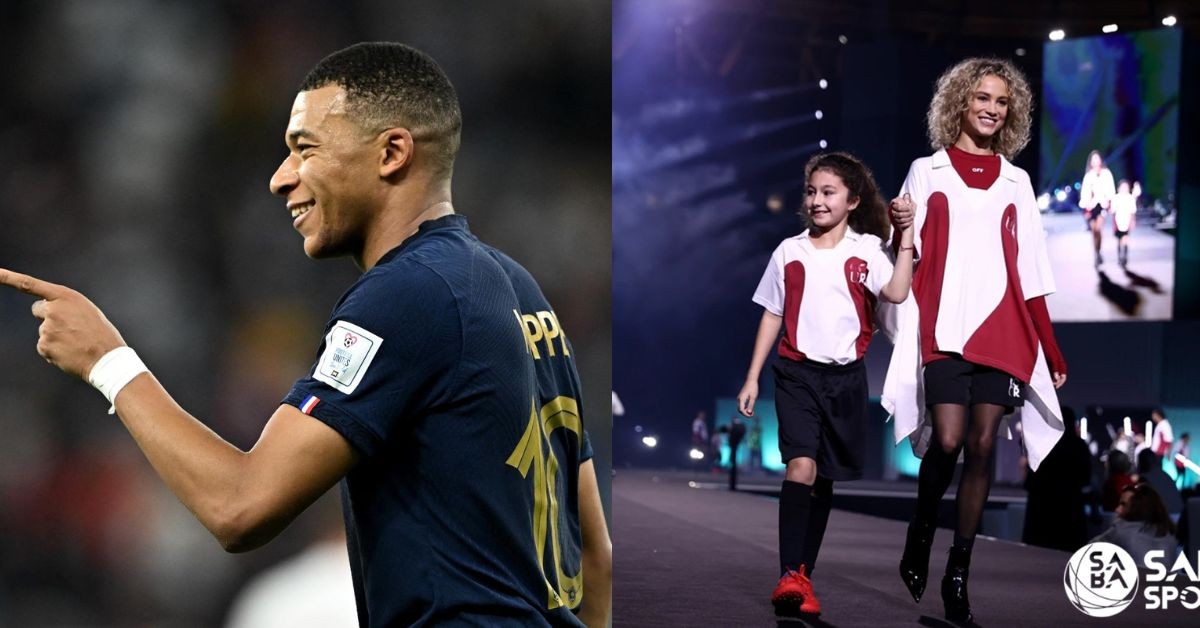 Kylian Mbappe during the FIFA World Cup 2022 (left) Rose Bertram at the Qatar Fashion Week (right)
