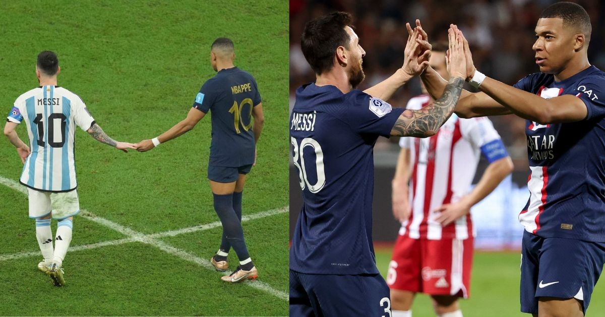 Lionel Messi and Kylian Mbappe during the final of the FIFA World Cup 2022 (left) Lionel Messi celebrates with Kylian Mbappe during a PSG match (right)