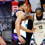 Brittany Renner and NBA stars James Harden and Ben Simmons on the court