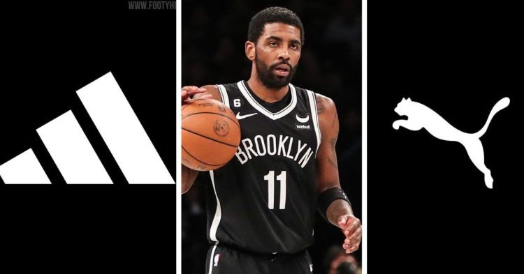 Kyrie Irving with the Adidas and Puma Logos in a black background