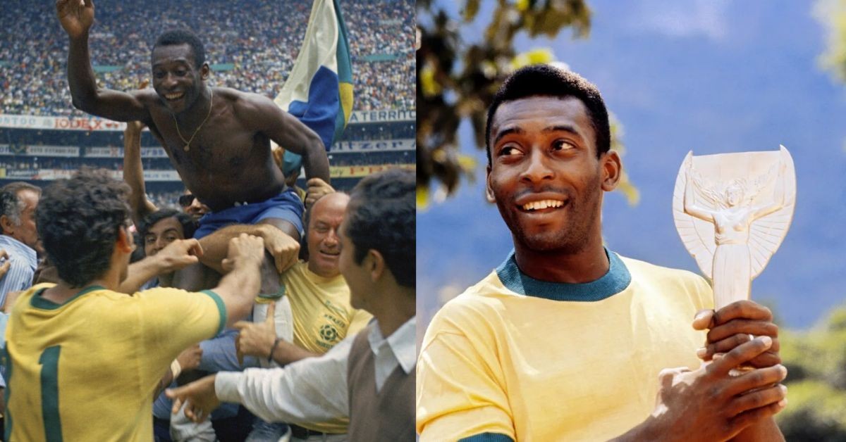 Pele celebrates after winning the World Cup with Brazil