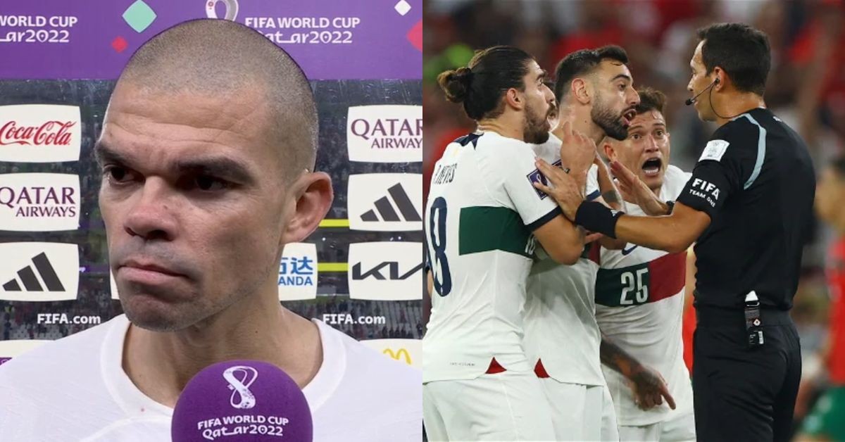 Pepe blasts the referee during the post-match interview after Portugal' World Cup exit (left) Bruno Fernandes argues with the referee during the quarterfinal match against Morocco