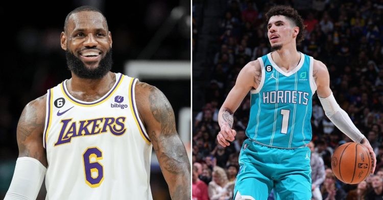Los Angeles Lakers' LeBron James and Charlotte Hornets' LaMelo Ball