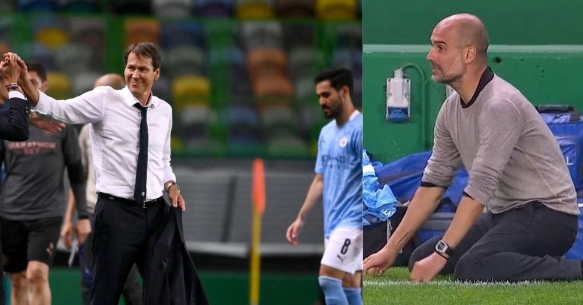 Rudi Garcia celebrates after Lyon defeated Manchester City in the quarterfinals of the Champions League (left) Pep Guardiola, Man City's head coach, becomes frustrated after Lyon scored their goal against City (right)