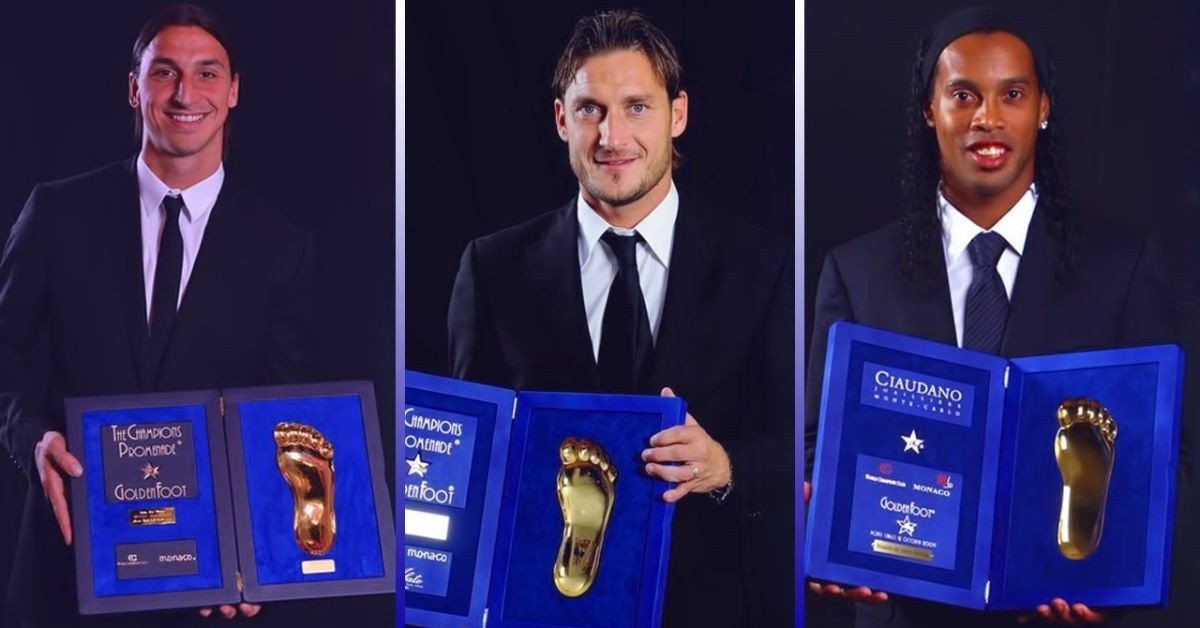 From left to right: Zlatan Ibrahimovic, Francesco Totti, and Ronaldinho pose with their Golden Foot trophy