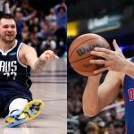 Dallas Mavericks' Luka Doncic and Detroit Pistons' Bojan Bogdanovic