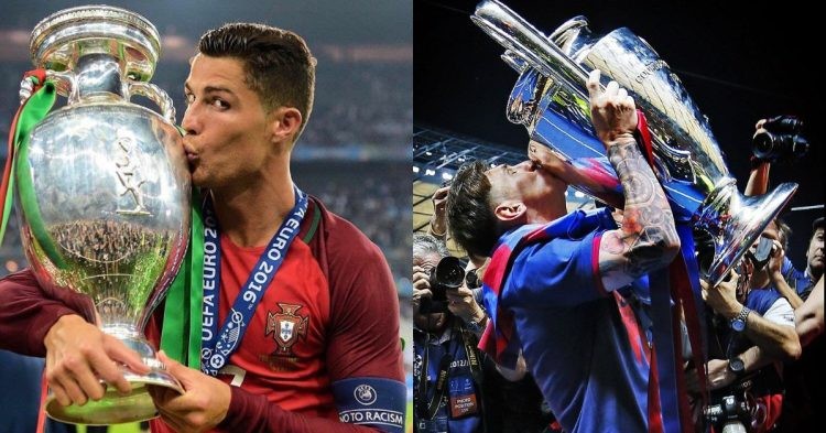 Ronaldo and Messi with their respective UCL cups.