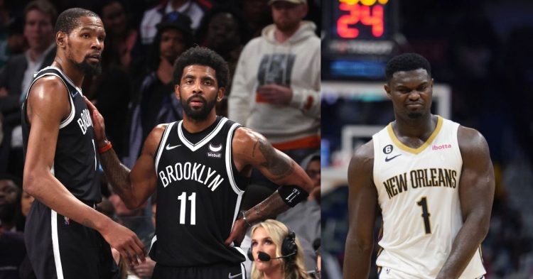New Orleans Pelicans' Zion Williamson and Brooklyn Nets' Kevin Durant and Kyrie Irving on the court