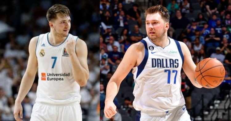 Luka Doncic wearing Jersey #7 and Jersey #77 on the court