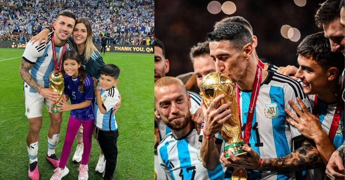 Paredes and Di Maria with the probable fake World Cup trophy