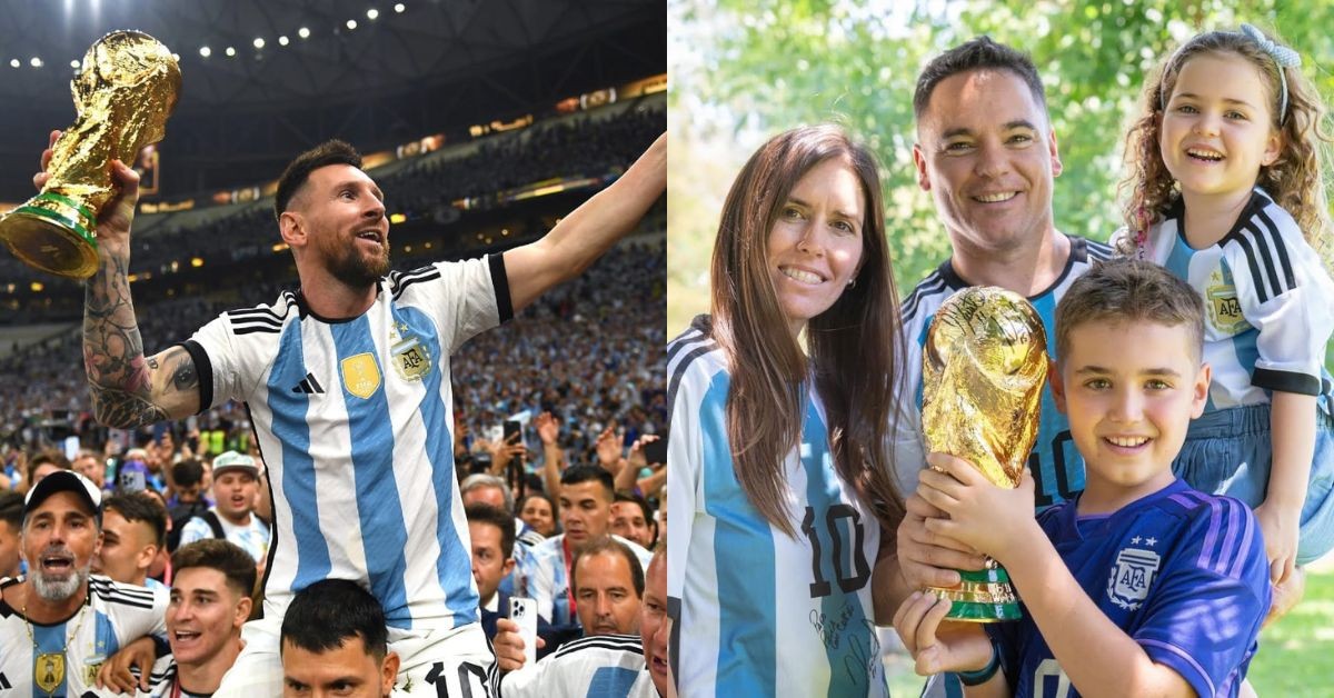 Lionel Messi held the replica World Cup trophy made by the family