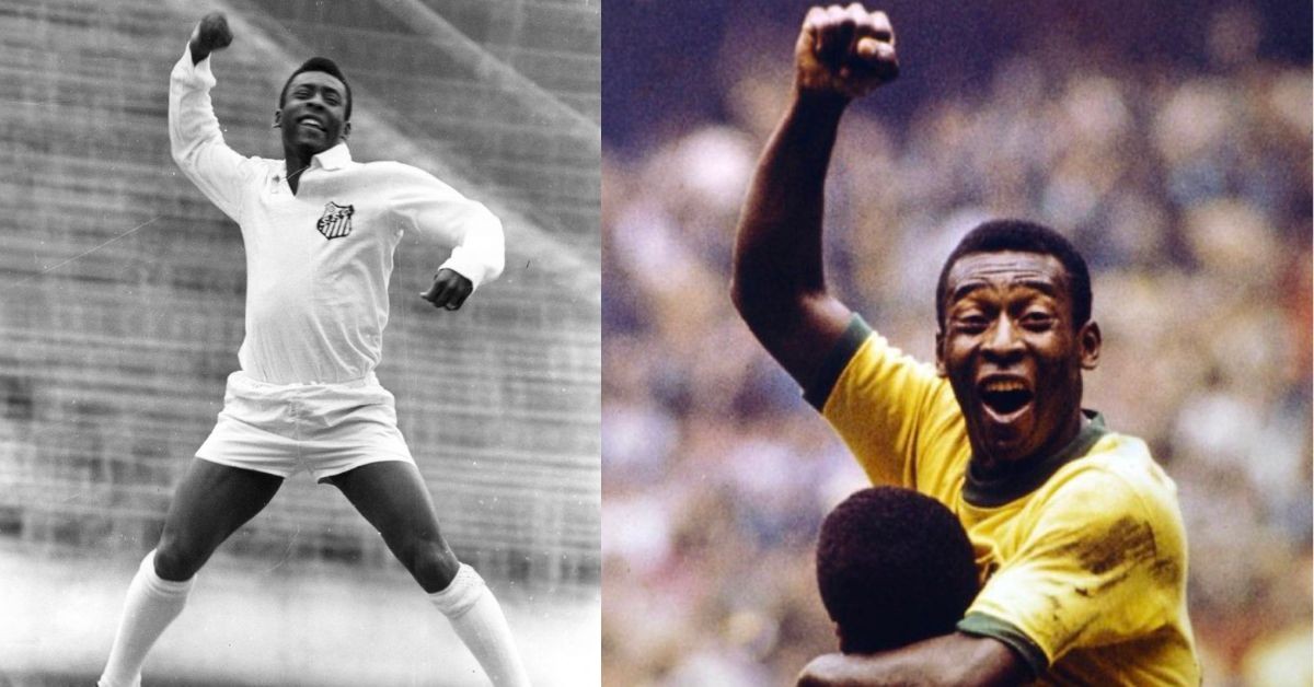 Pele With Santos FC (L) and Pele with Brazil (R).