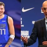 Luka Doncic on the court and NBA commissioner Adam Silver being interviewed