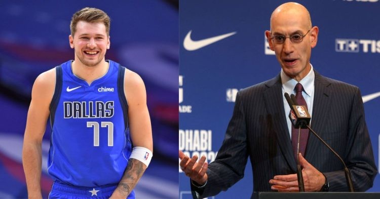 Luka Doncic on the court and NBA commissioner Adam Silver being interviewed