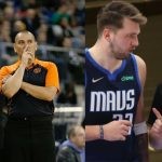 Luka Doncic with NBA referees and EuroLeague referees on the court
