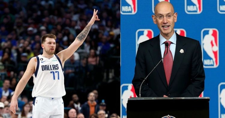 Luka Doncic on the court and NBA Commissioner Adam Silver being interviewed
