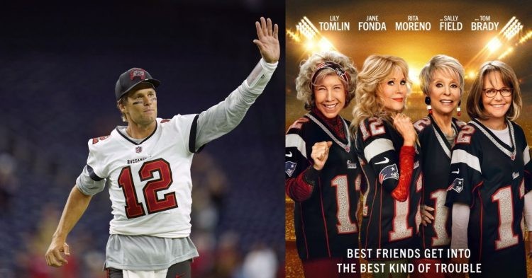 Tom Brady (left) and "80 for Brady" poster (right)
