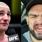 Sean Strickland (left) and Kelvin Gastelum showcasing his mouth injury (right)