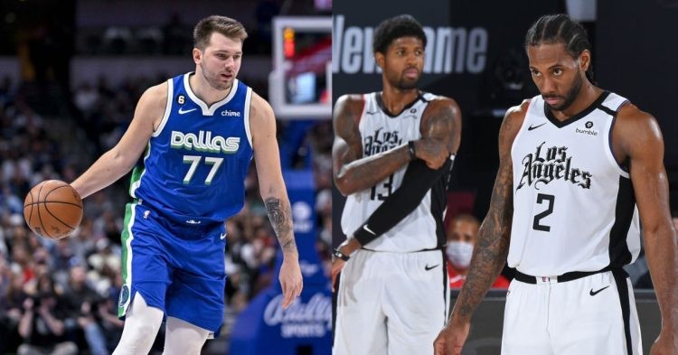 Dallas Mavericks' Luka Doncic and Los Angeles Clippers' Paul George and Kawhi Leonard on the court
