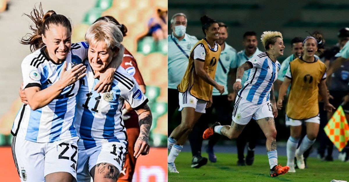 Yamila Rodriguez celebrates after scoring in the 2022 Copa America Femenina