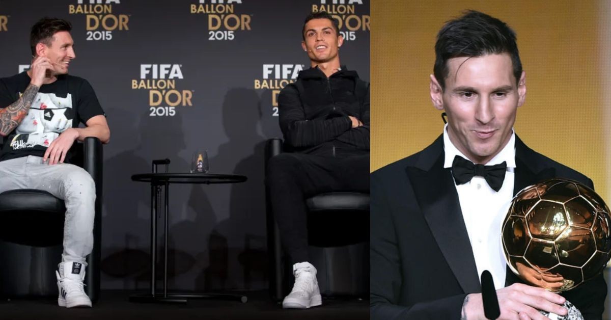 Messi and Ronaldo together at the 2015 Ballon d'Or award ceremony (left) Lionel Messi wins his fifth Ballon d'Or in 2015 (right)