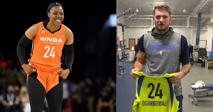WNBA star Arike Ogunbowale on the court and Luka Doncic holding her jersey