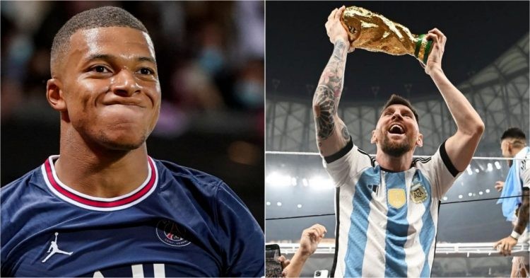 Kylian Mbappe (left) and Lionel Messi with the World Cup (right)