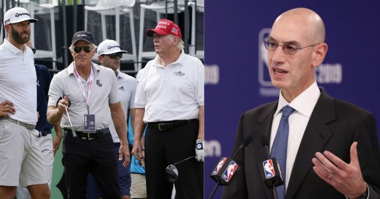 NBA commissioner Adam Silver speaking at a press conference. Donald Trump, Greg Norman, Dustin Johnson standing