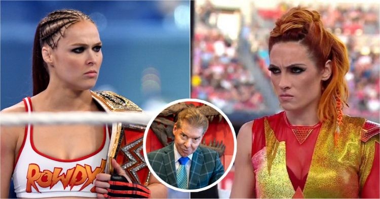 Ronda Rousey (left), Vince McMahon (center) and Becky Lynch (right)