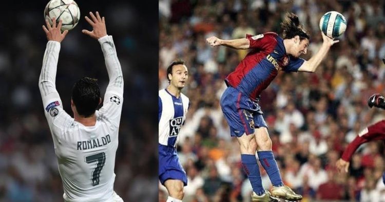 Cristiano Ronaldo and Lionel Messi attempting to score in an unusual way