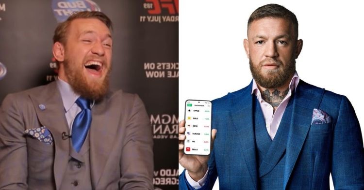 Conor McGregor laughing (left) and holding a phone (right)