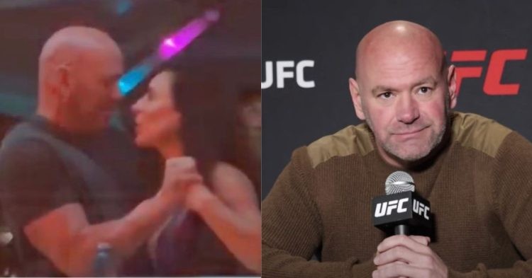 Dana White in an altercation with his wife (left) and at UFC Vegas 67 media day (right)