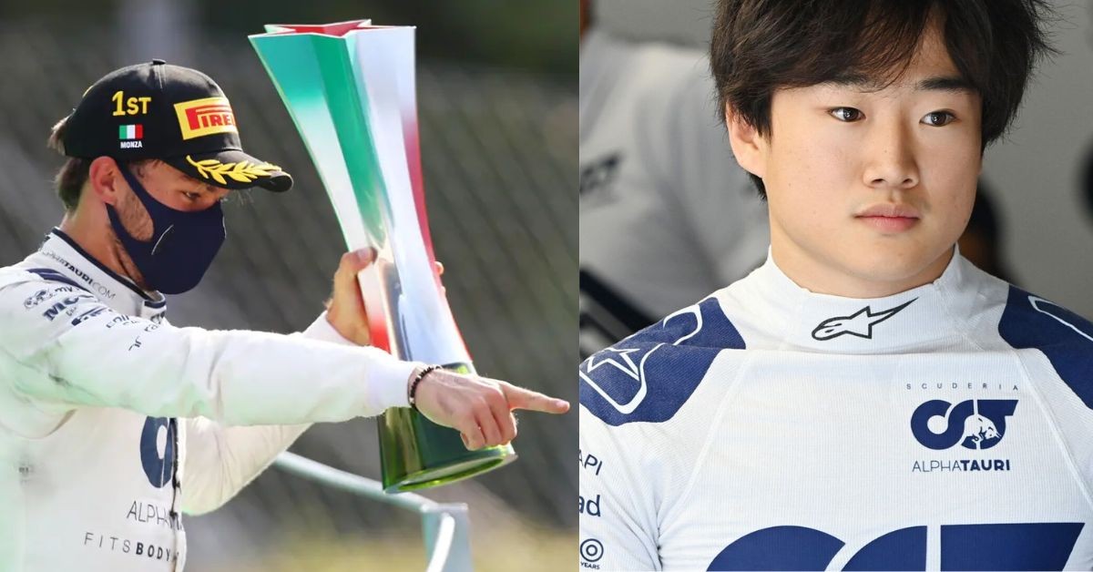 Pierre Gasly after winning 2020 Italian Grand Prix at Monza (left) , Yuki Tsunoda (right) (Credit- The Indian Express , Sky Sports)