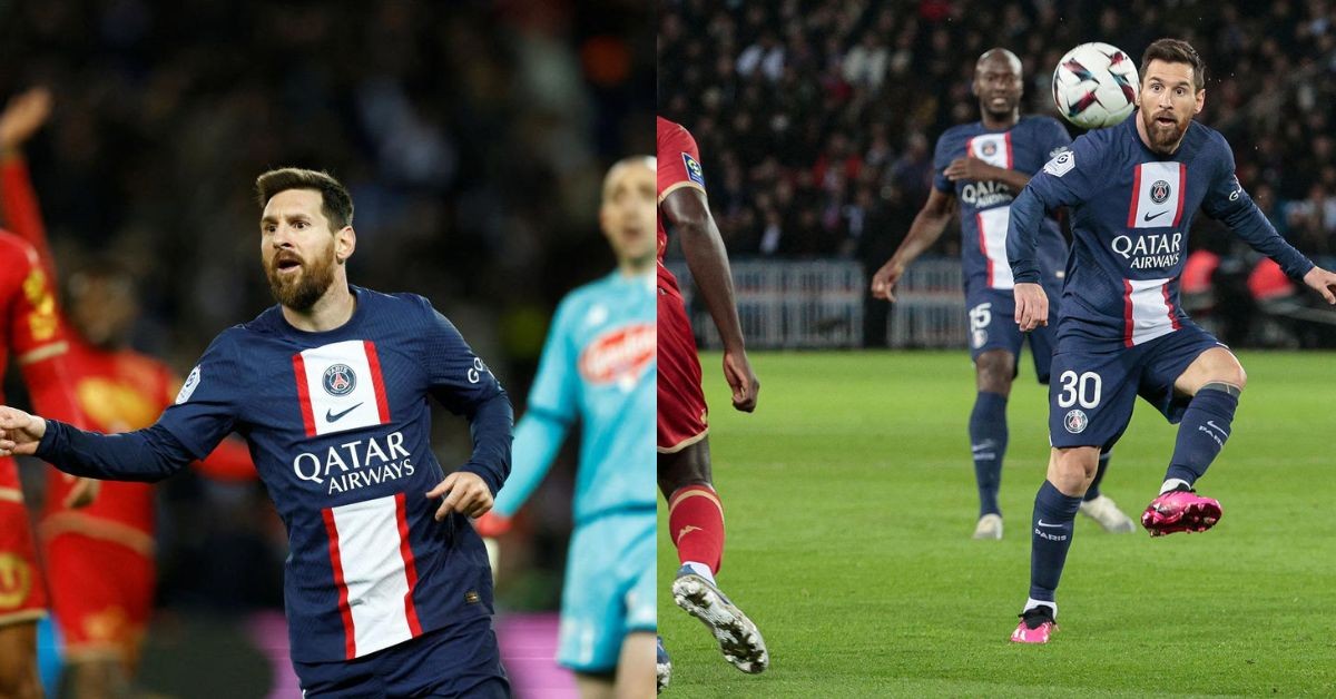 Lionel Messi celebrates after scoring against Angers SCO