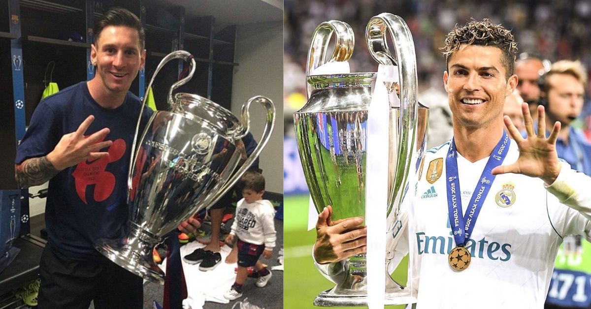 Messi celebrates after winning his fourth Champions League (left) Ronaldo celebrates after winning his fifth Champions League (right)