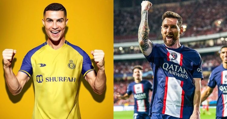Cristiano Ronaldo in Al-Nassr (left) and Lionel Messi in PSG jersey (left)