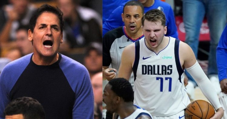 Luka Doncic on the court and Dallas Mavericks owner Mark Cuban looking upset