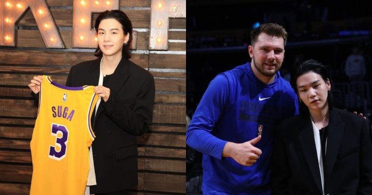 Suga standing with a Lakers jersey and posing luka doncic for a photo