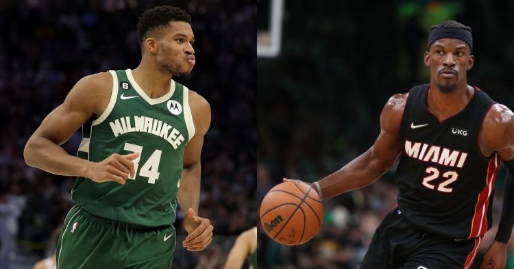 Milwaukee Bucks Giannis Antetokounmpo pouting and Jimmy Butler carrying the ball