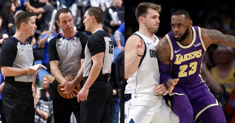 NBA referee Josh Tiven and Luka Doncic with LeBron James on the court