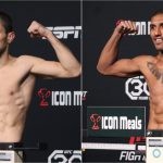 Umar Nurmagomedov (left) and Raoni Barcelos weigh-in for UFC Vegas 67