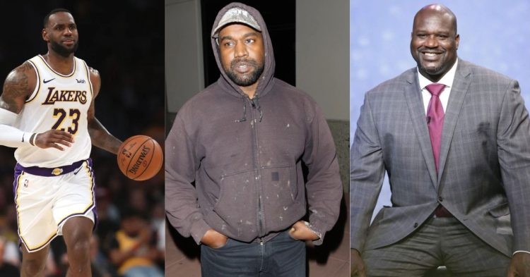 LeBron James on the court, Kanye West wearing a hoodie and Shaquille O'Neal in a suit