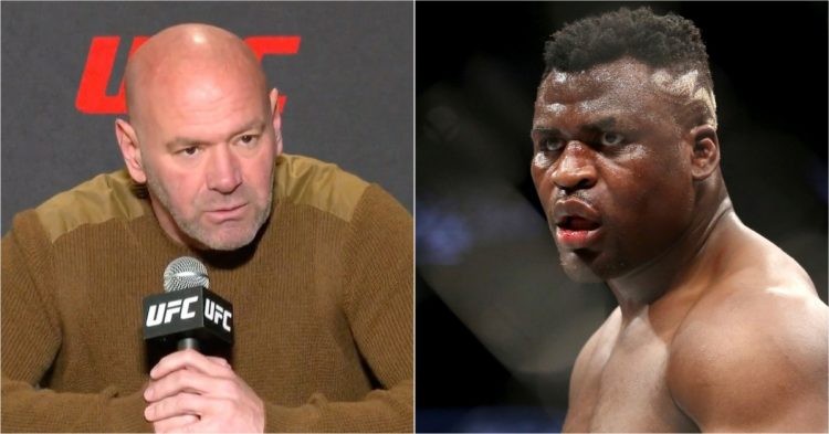 Dana White with a mic (left) and Francis Ngannou (right)