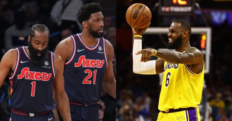 James Harden Joel Embiid standing and Los Angeles Lakers' LeBron James holding the ball