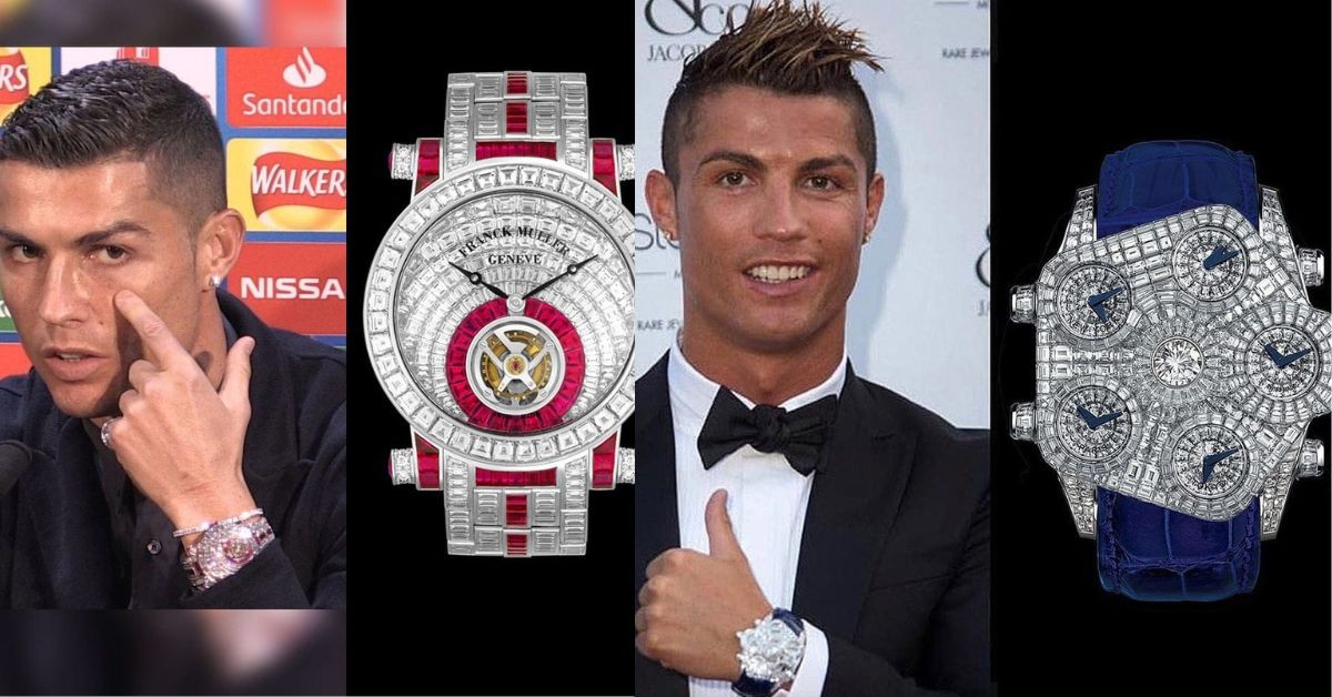 Cristiano Ronaldo wearing his Franck Muller Tourbillon (left) and Jacob & Co. Grand Baguette (right) watches