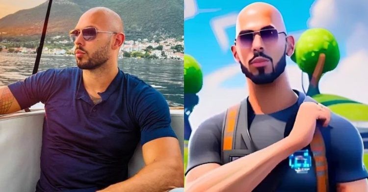 Andrew Tate (left) and a Fortnite mockup of him (right)