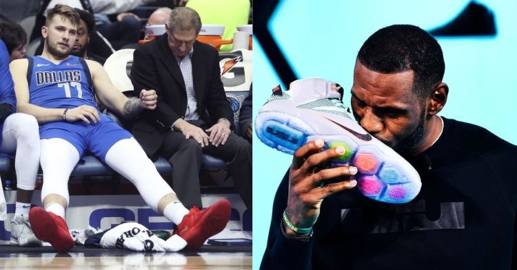 Luka Doncic on the court and LeBron James kissing a Nike shoe