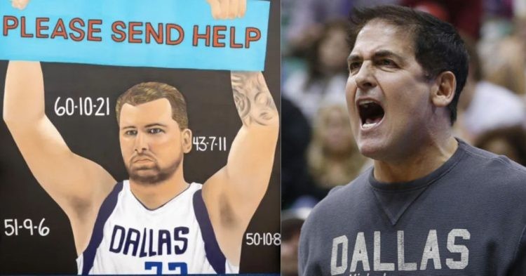 Dallas Mavericks owner Mark Cuban looking angry and the Luka Doncic mural in Deep Ellum