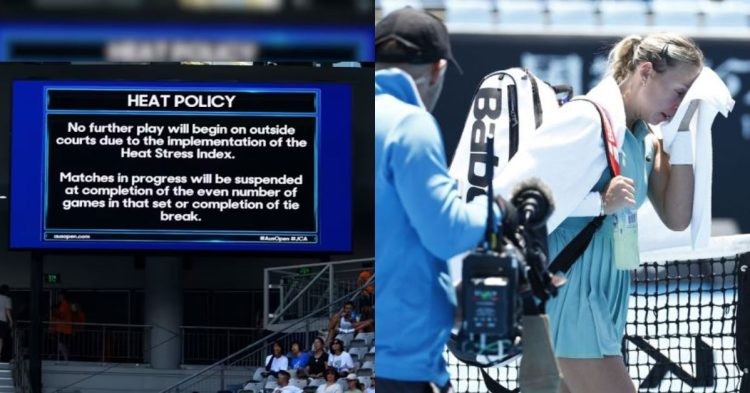 Heat policy message is displayed on the big screen as play is suspended on the outside courts due to high temperatures (Credit: CNN)
